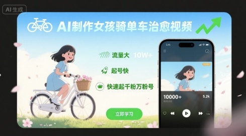AI制作女孩骑单车治愈视频,流量大,起号快,快速起千粉万粉号插图 AI制作女孩骑单车治愈视频,流量大,起号快,快速起千粉万粉号