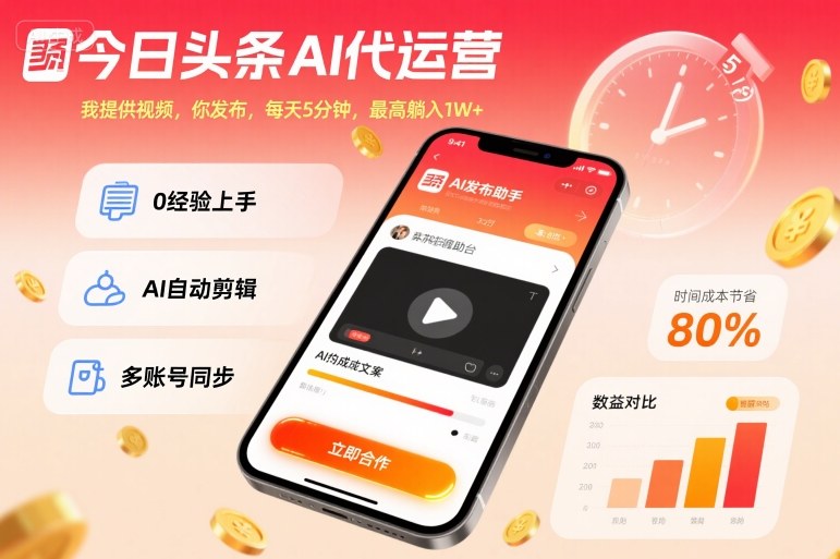 今日头条AI代运营，我提供视频，你发布，每天5分钟，最高躺入1W+【揭秘】