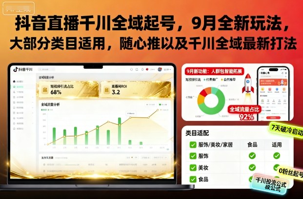 抖音直播千川全域起号，9月全新玩法，大部分类目适用，随心推以及千川全域最新打法